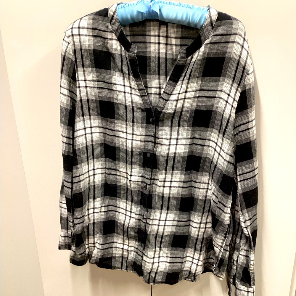 Calvin Klein collarless Black and White Plaid Button-Up Shirt
